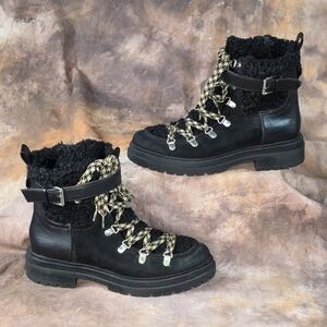 Circus by Sam Edelman Gretchen boots side zip black sherpa blk tan laces 10